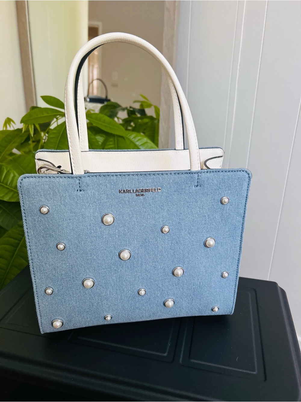 Karl Lagerfeld Paris Limited Light  WashDenim Pearl Studded Satchel White Handle